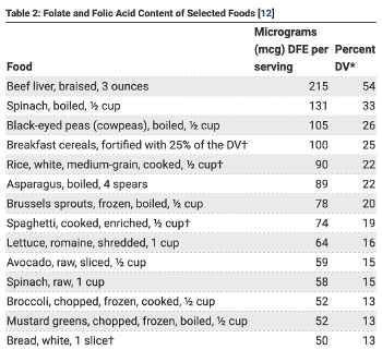 Screenshot of part of ODS folate sources table.
