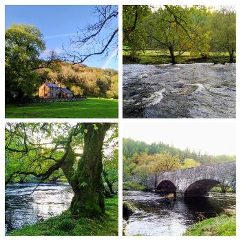 Collage of photos of  Welsh scenes featuring a beautiful river, a bridge and a rainbow.