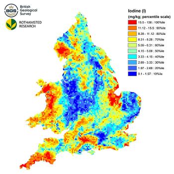 This UK map showing iodine concentrations was taken from the UKSO (UK Soil Observatory).