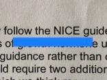 Photo of text issued by endocrinologist stating NICE guidelines are not mandatory