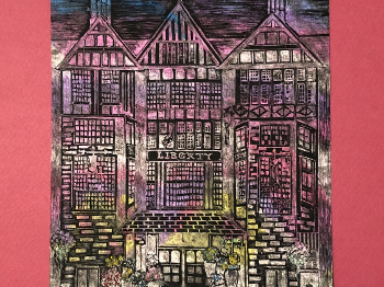 Multi-coloured oil pastel sgraffito of the liberty building/store in London.  