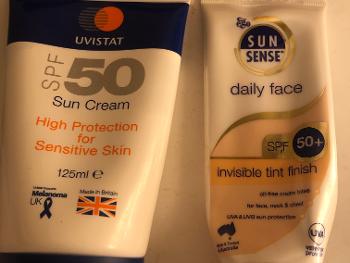 Uvistat  suncream 50 (on left) Sunsense Daily Face 50+ (on right)