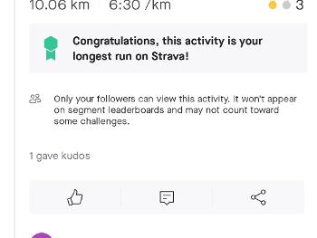 Strava data showing 10k run completed