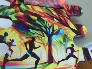 Jigsaw piece running medal with colourful trees on image