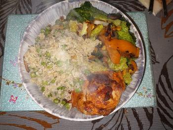 Tandoori chicken with stir fry veg and coconut rice